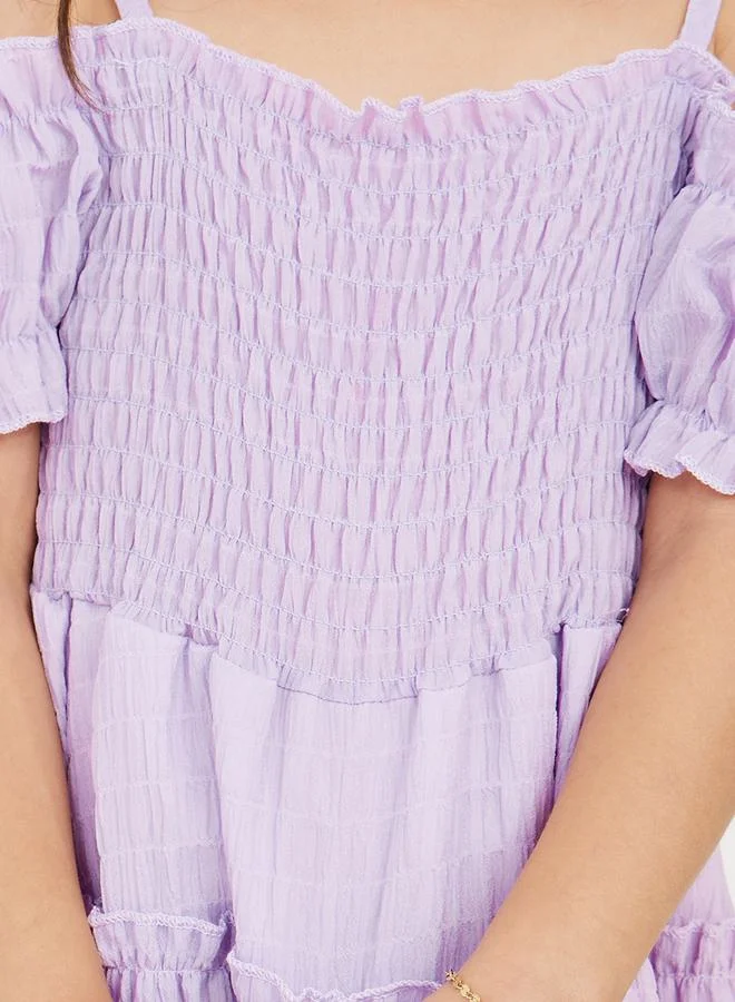 Styli Cold Shoulder Sleeve Shirred Tiered Dress