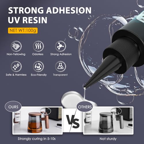 Akisey UV Resin Kit with Light, 100g UV Resin with Rechargeable 395NM UV Flashlight, Fast Curing in Seconds, UV Glue Adhesive for Bonding Jewelry, Plastic, Glass Repair, w/Mat, Gloves, Storage Bag - Image 3