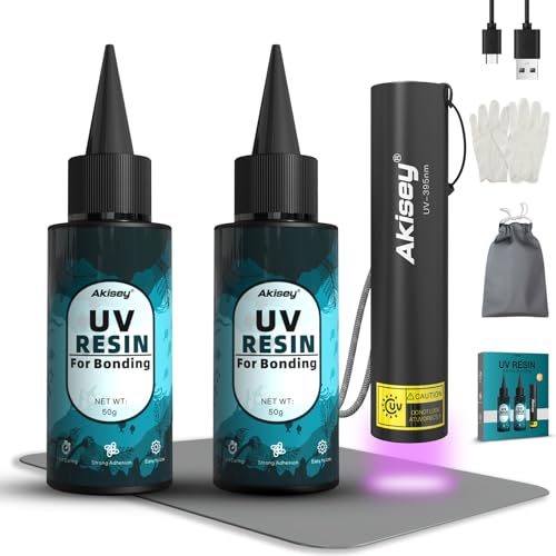 Akisey UV Resin Kit with Light, 100g UV Resin with Rechargeable 395NM UV Flashlight, Fast Curing in Seconds, UV Glue Adhesive for Bonding Jewelry, Plastic, Glass Repair, w/Mat, Gloves, Storage Bag - Image 1