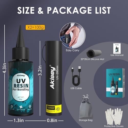 Akisey UV Resin Kit with Light, 100g UV Resin with Rechargeable 395NM UV Flashlight, Fast Curing in Seconds, UV Glue Adhesive for Bonding Jewelry, Plastic, Glass Repair, w/Mat, Gloves, Storage Bag - Image 5