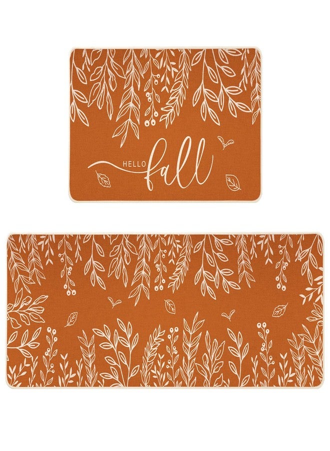 Siilues Fall Kitchen Mats Set of 2, Non-Slip Orange Hello Fall Eucalyptus Low-Profile Kitchen Rugs for Floor Seasonal Autumn Thanksgiving Home Decor - 17x29 and 17x47 Inch - Image 1