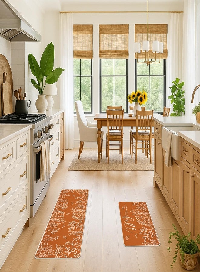 Siilues Fall Kitchen Mats Set of 2, Non-Slip Orange Hello Fall Eucalyptus Low-Profile Kitchen Rugs for Floor Seasonal Autumn Thanksgiving Home Decor - 17x29 and 17x47 Inch - Image 3