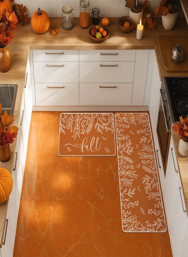 Siilues Fall Kitchen Mats Set of 2, Non-Slip Orange Hello Fall Eucalyptus Low-Profile Kitchen Rugs for Floor Seasonal Autumn Thanksgiving Home Decor - 17x29 and 17x47 Inch - Image 2
