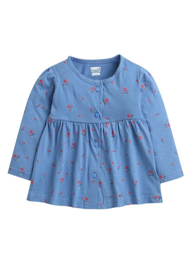 BUMZEE Blue Girls Full Sleeves Cotton Knee Length Casual Frock Age - 6-9 Months (Peb9611D-blu) - Image 1