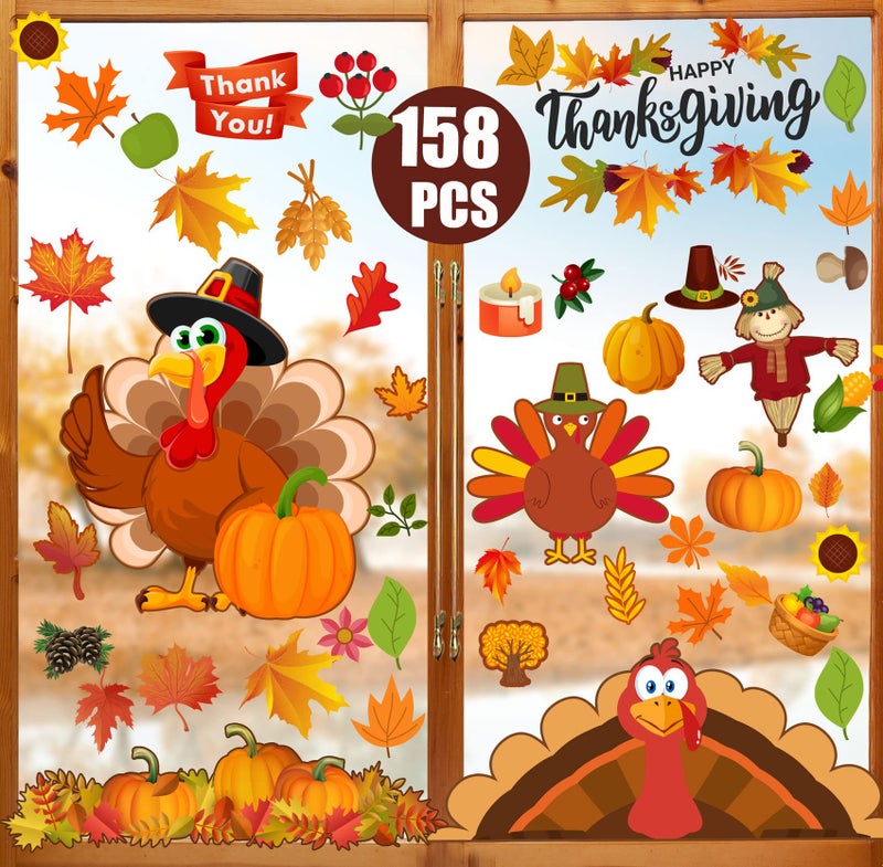 Funnlot Thanksgiving Window Decor  158PCS Autumn Leaves  Turkey Clings for Glass Windows in Offices  Home