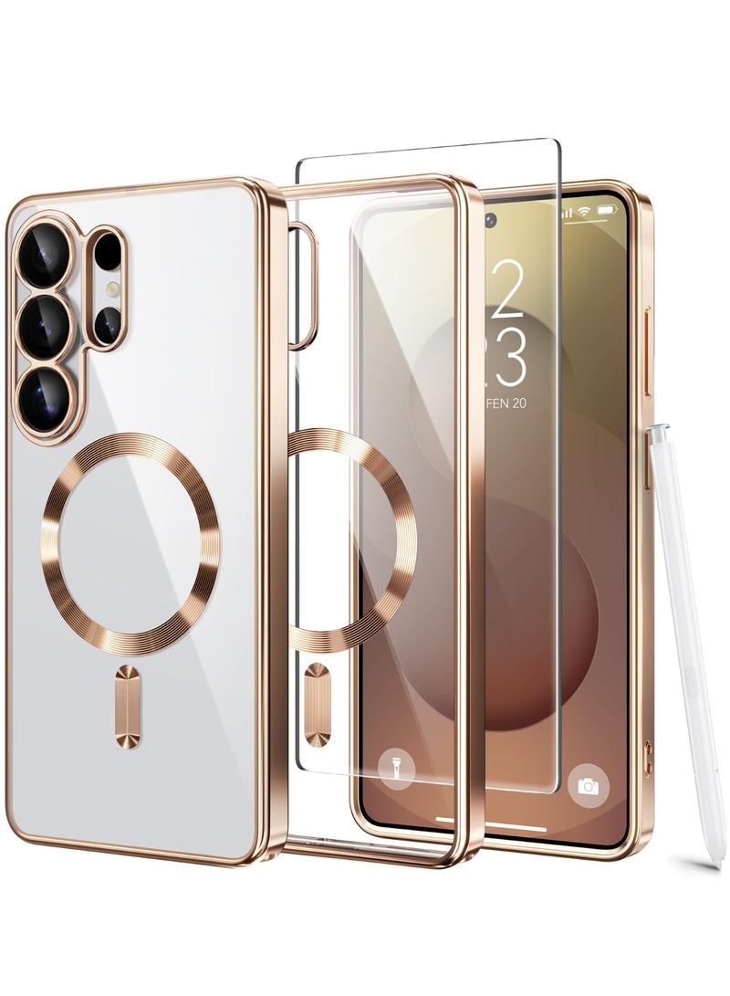 GolbinBox Magnetic Case for Samsung Galaxy S26 Ultra with Screen Protector,[Compatible with MagSafe][Full Camera Protection]Slim Military Shockproof Plating Phone Cover for AI Galaxy S26 Ultra(Rose Gold/Clear) - Image 1