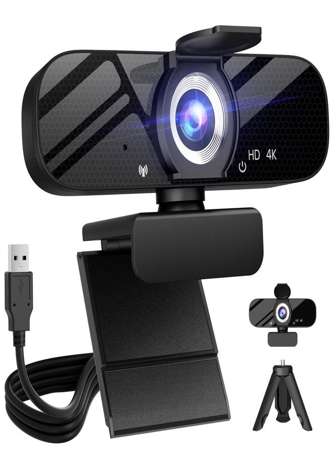 Tewiky Full HD Webcam with Built-in Microphone and Rotatable Tripod, 4K Video and Wide Angle Camera, Privacy Cover, for Desktop PC or Laptop Computer - Image 1