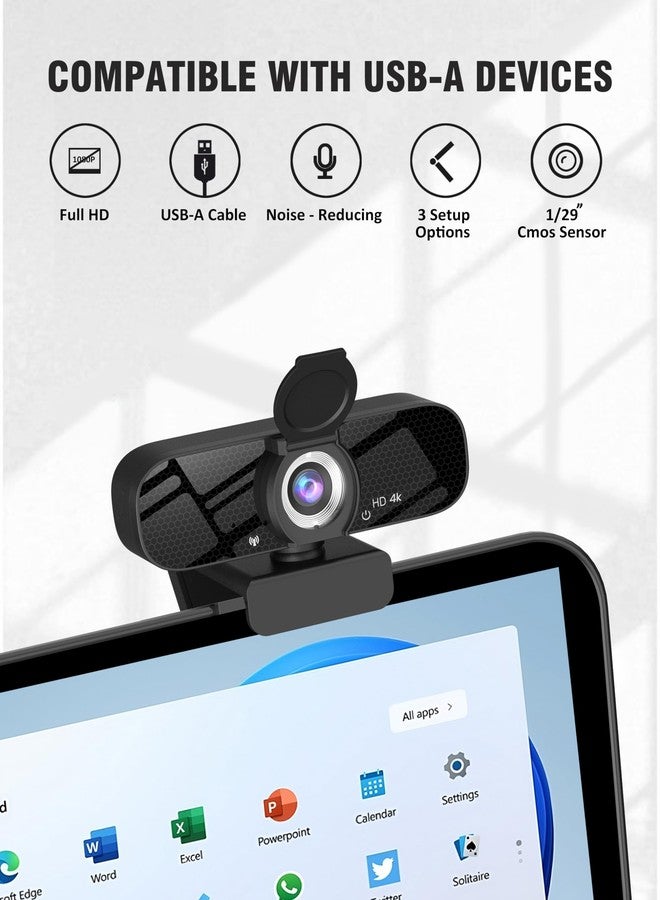 Tewiky Full HD Webcam with Built-in Microphone and Rotatable Tripod, 4K Video and Wide Angle Camera, Privacy Cover, for Desktop PC or Laptop Computer - Image 3