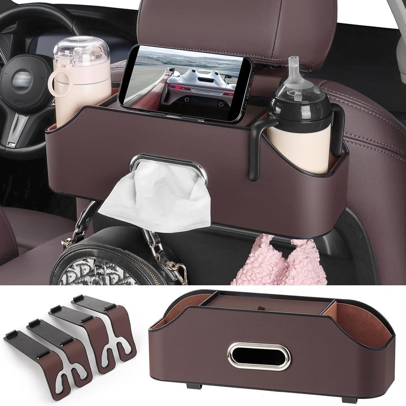 Car Seat Organizer with Cup Holders, Tissue Holder, and Hooks - Brown - Image 1