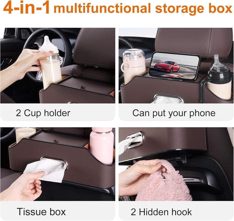 Car Seat Organizer with Cup Holders, Tissue Holder, and Hooks - Brown - Image 2