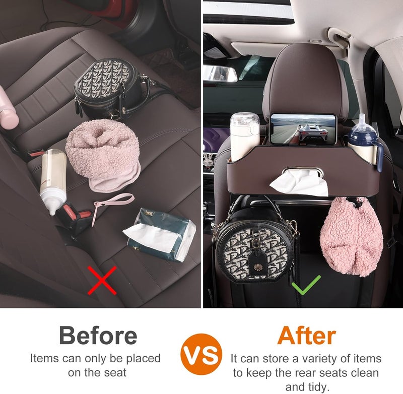 Car Seat Organizer with Cup Holders, Tissue Holder, and Hooks - Brown - Image 3