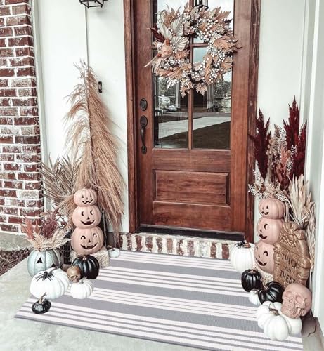 BUAGETUP Grey and White Layered Door Mats 24'' x 51''Striped Outdoor Front Porch Rug Hand-Woven Machine Washable Indoor for Entryway/Bedroom - Image 5