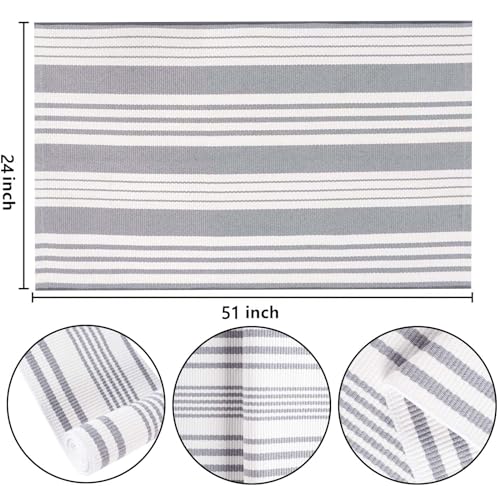 BUAGETUP Grey and White Layered Door Mats 24'' x 51''Striped Outdoor Front Porch Rug Hand-Woven Machine Washable Indoor for Entryway/Bedroom - Image 2