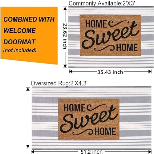 BUAGETUP Grey and White Layered Door Mats 24'' x 51''Striped Outdoor Front Porch Rug Hand-Woven Machine Washable Indoor for Entryway/Bedroom - Image 3