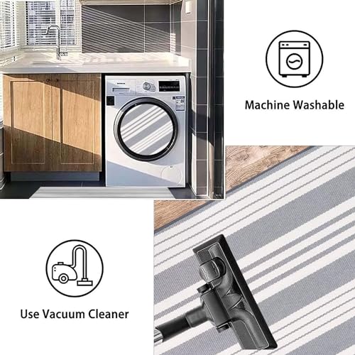 BUAGETUP Grey and White Layered Door Mats 24'' x 51''Striped Outdoor Front Porch Rug Hand-Woven Machine Washable Indoor for Entryway/Bedroom - Image 4