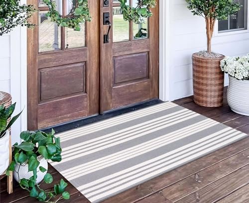 BUAGETUP Grey and White Layered Door Mats 24'' x 51''Striped Outdoor Front Porch Rug Hand-Woven Machine Washable Indoor for Entryway/Bedroom - Image 1