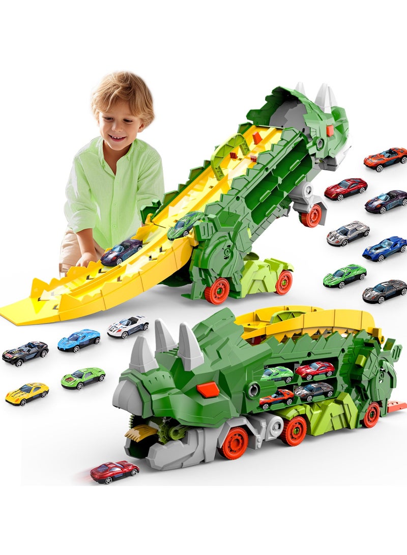 AIYISHI Triceratops Dinosaur Transporter Foldable Slide Track Toy with 12 Toy Cars for Kids Ages 3 4 5 6 7 8 (Green)  - Image 1