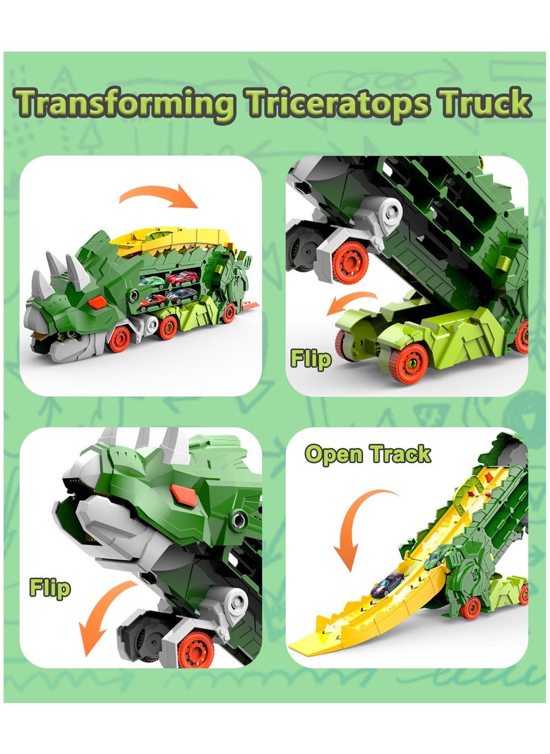 AIYISHI - Triceratops Dinosaur Transporter Foldable Slide Track Toy with 12 Toy Cars for Kids Ages 3 4 5 6 7 8 (Green) - Image 1