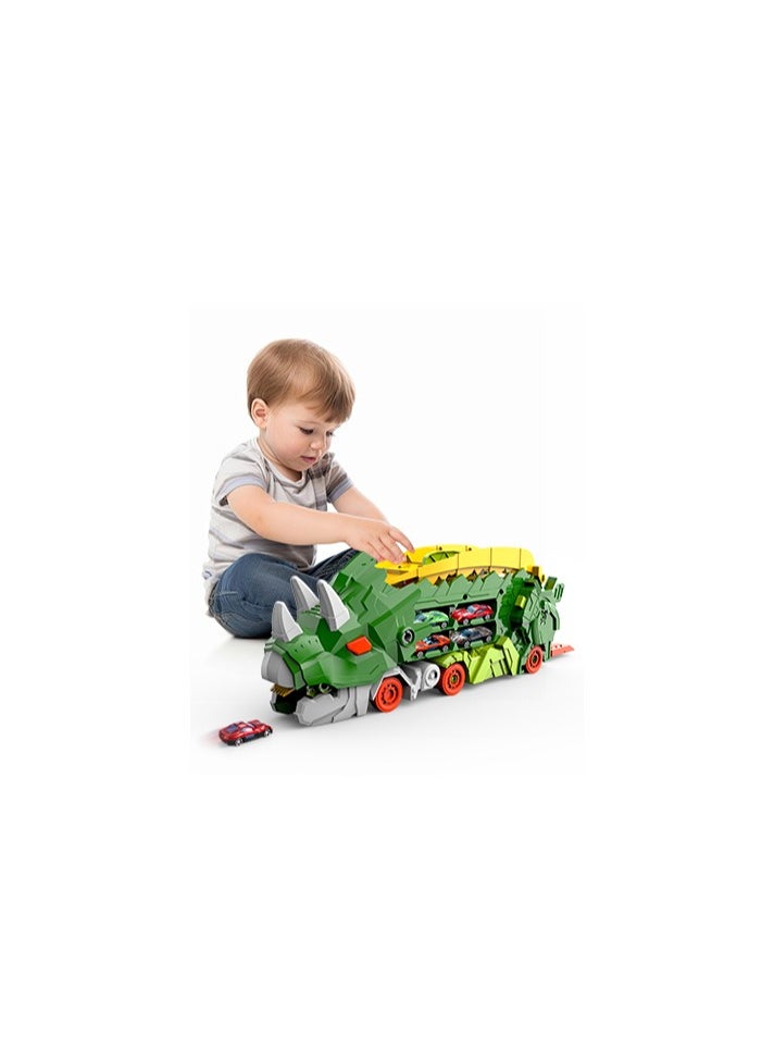AIYISHI - Triceratops Dinosaur Transporter Foldable Slide Track Toy with 12 Toy Cars for Kids Ages 3 4 5 6 7 8 (Green) - Image 1