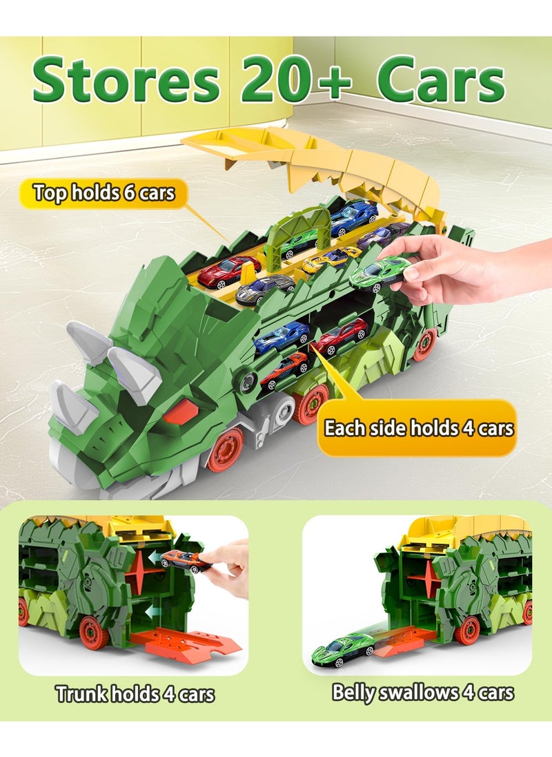 AIYISHI - Triceratops Dinosaur Transporter Foldable Slide Track Toy with 12 Toy Cars for Kids Ages 3 4 5 6 7 8 (Green) - Image 1