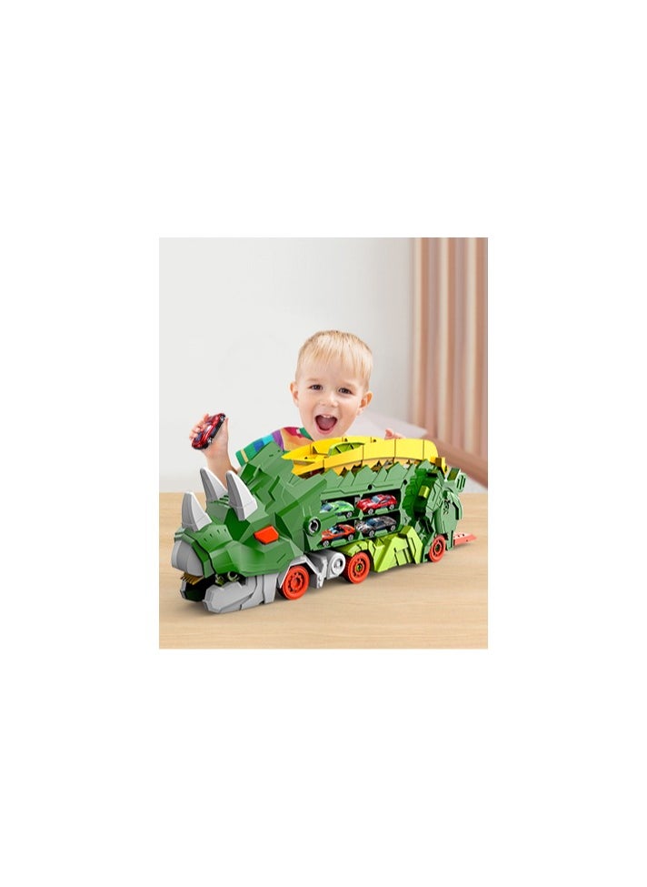 AIYISHI - Triceratops Dinosaur Transporter Foldable Slide Track Toy with 12 Toy Cars for Kids Ages 3 4 5 6 7 8 (Green) - Image 1