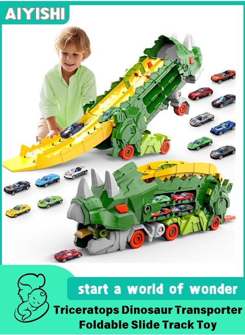 Triceratops Dinosaur Transporter Foldable Slide Track Toy with 12 Toy Cars for Kids Ages 3 4 5 6 7 8 (Green)