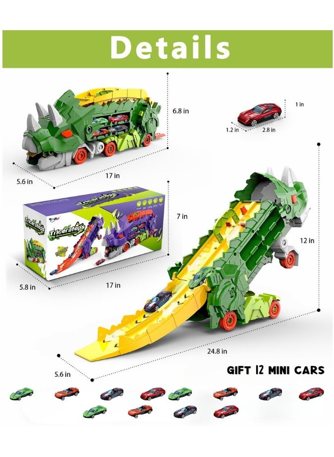 AIYISHI - Triceratops Dinosaur Transporter Foldable Slide Track Toy with 12 Toy Cars for Kids Ages 3 4 5 6 7 8 (Green) - Image 1