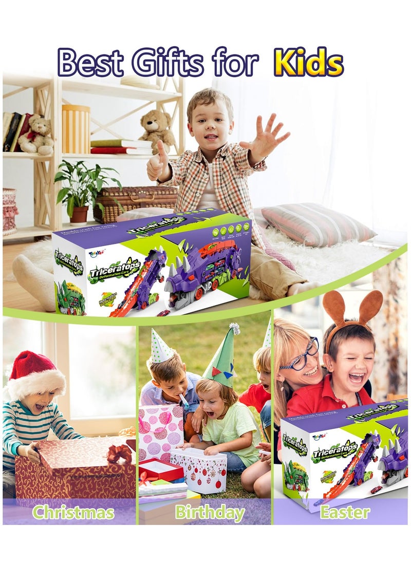 AIYISHI - Triceratops Dinosaur Transporter Foldable Slide Track Toy with 12 Toy Cars for Kids Ages 3 4 5 6 7 8 (Green) - Image 1