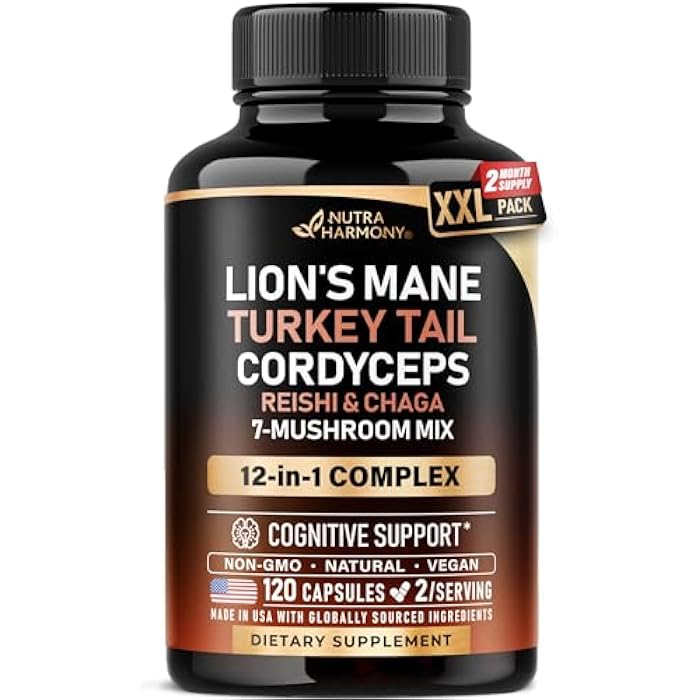 NUTRAHARMONY Mushroom Supplement - Organic Lions Mane | Turkey Tail | Chaga | Cordyceps | Reishi | Maitake | Shiitake | Meshima | Tremella | Oyster | Agaricus - Made in USA - Non GMO, Gluten Free - 120 Capsules - Image 1