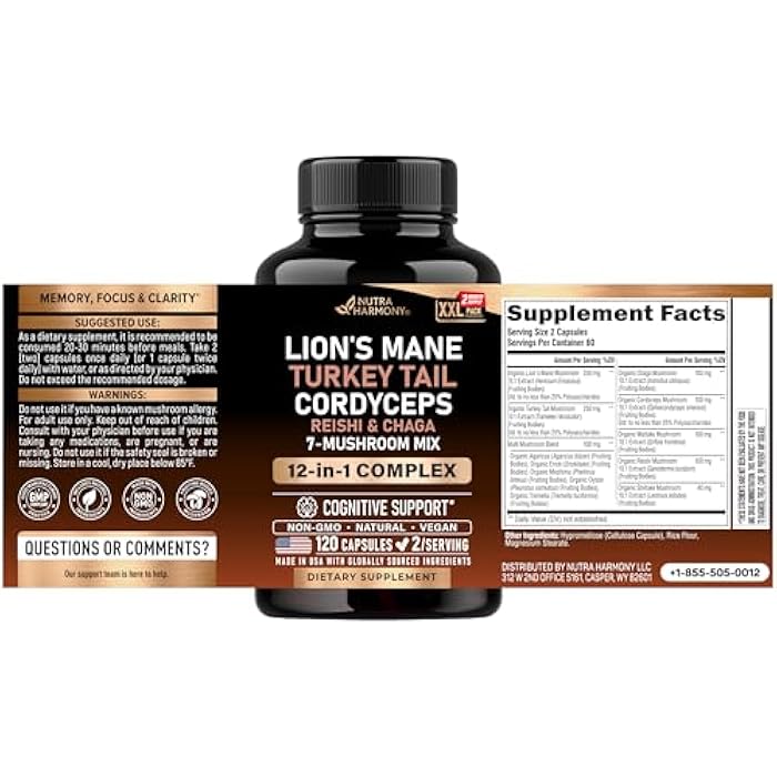 NUTRAHARMONY Mushroom Supplement - Organic Lions Mane | Turkey Tail | Chaga | Cordyceps | Reishi | Maitake | Shiitake | Meshima | Tremella | Oyster | Agaricus - Made in USA - Non GMO, Gluten Free - 120 Capsules - Image 2