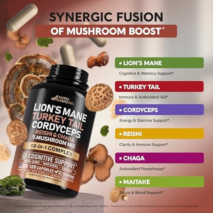 NUTRAHARMONY Mushroom Supplement - Organic Lions Mane | Turkey Tail | Chaga | Cordyceps | Reishi | Maitake | Shiitake | Meshima | Tremella | Oyster | Agaricus - Made in USA - Non GMO, Gluten Free - 120 Capsules - Image 4