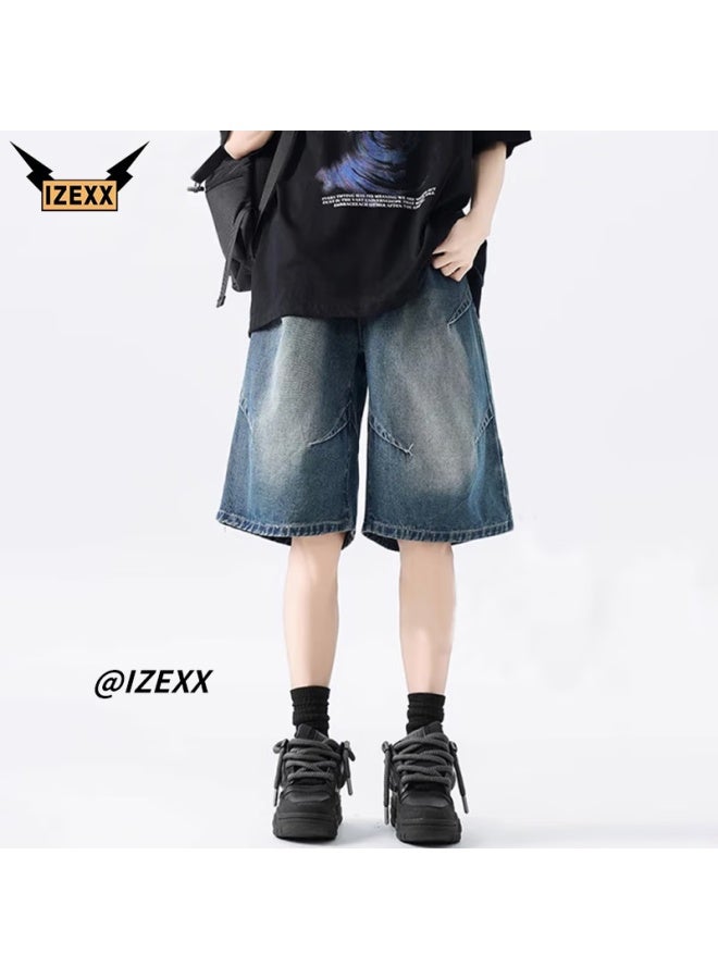 Izexx Men's American Style Pleated Denim Shorts High Street Washed Old Loose Casual Five-point Pants Iz028 Blue XL - Image 1