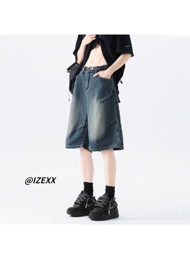 Izexx Men's American Style Pleated Denim Shorts High Street Washed Old Loose Casual Five-point Pants Iz028 Blue XL - Image 2