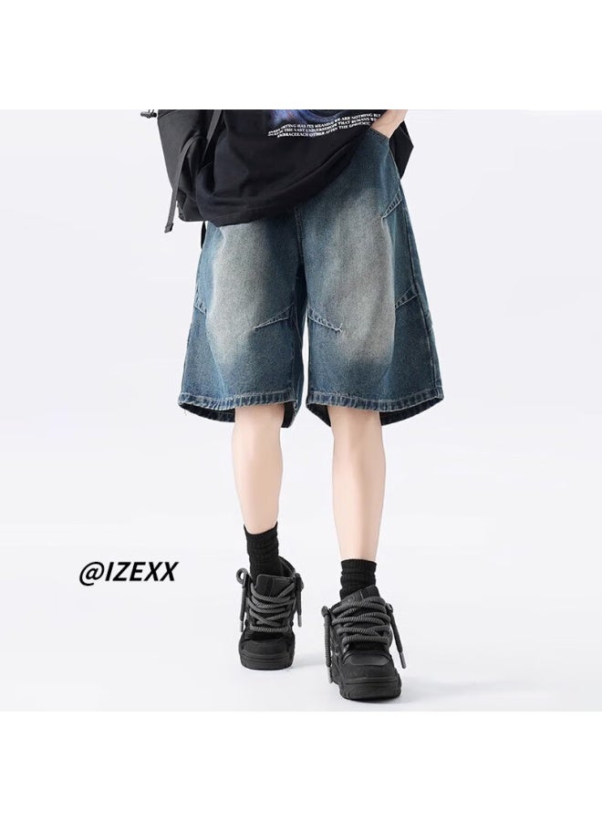Izexx Men's American Style Pleated Denim Shorts High Street Washed Old Loose Casual Five-point Pants Iz028 Blue XL - Image 4