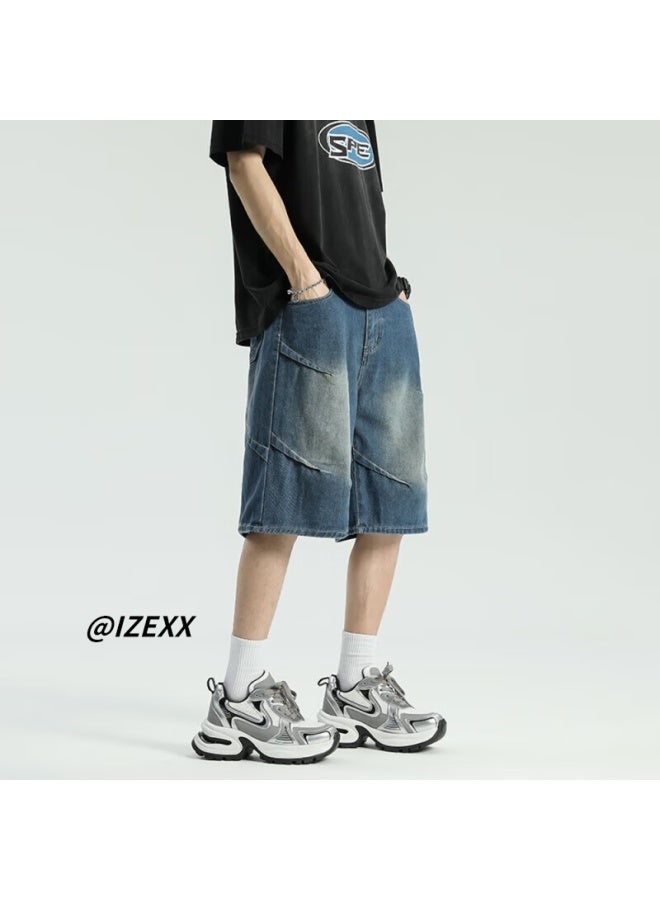 Izexx Men's American Style Pleated Denim Shorts High Street Washed Old Loose Casual Five-point Pants Iz028 Blue XL - Image 5