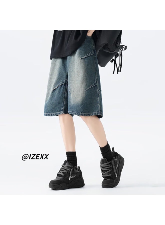 Izexx Men's American Style Pleated Denim Shorts High Street Washed Old Loose Casual Five-point Pants Iz028 Blue XL - Image 3