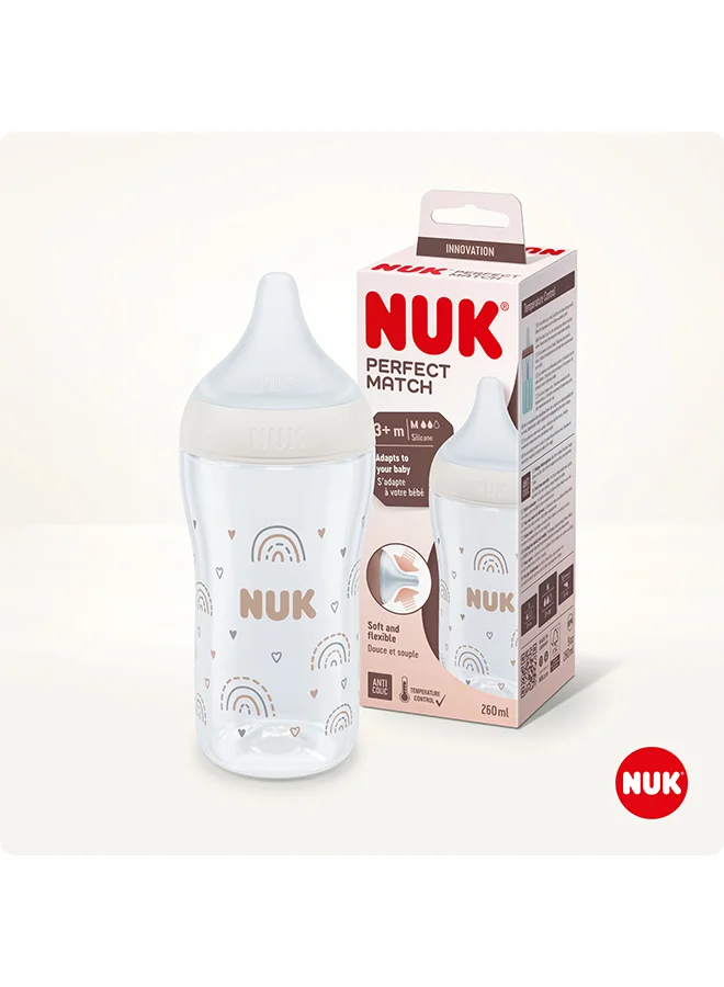 NUK Perfect Match Baby Feeding Bottle | 3+ Months, Temperature Control, Anti-Colic Valve And Bpa Free | M-Silicone Teat, Rainbow-260Ml