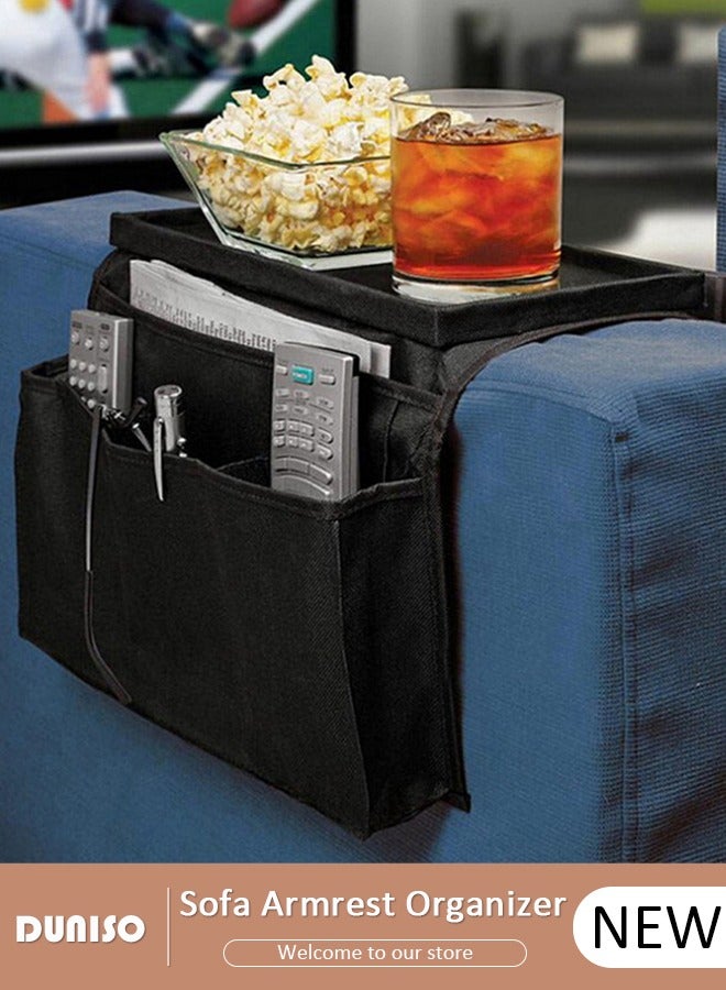 DUNISO Sofa Armrest Organizer with Cup Holder Tray Chair Arm TV Remote Holder for Recliner Couch Armchair Caddy Bedside Storage Pockets Bag for Cellphone Tablet Book Magazines Drinks Holder Pouch  - Image 1