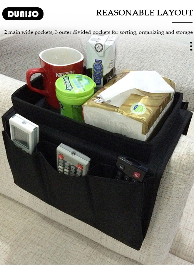 DUNISO Sofa Armrest Organizer with Cup Holder Tray Chair Arm TV Remote Holder for Recliner Couch Armchair Caddy Bedside Storage Pockets Bag for Cellphone Tablet Book Magazines Drinks Holder Pouch  - Image 5