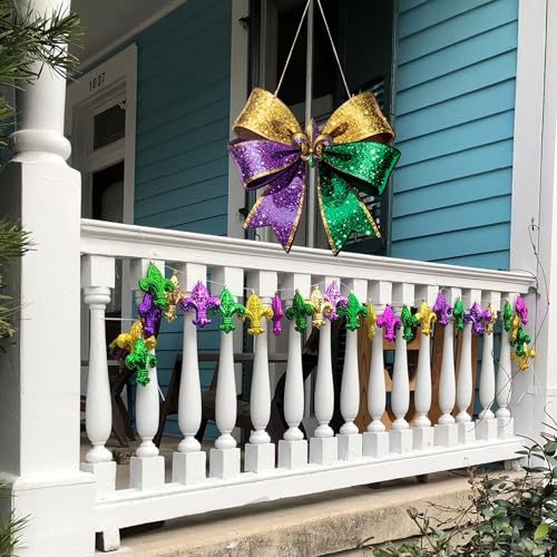 Qimgic Mardi Gras Door Sign - Bow Shape Wood Hanging Decorations for Wall Art, Glitter Flower Welcome Door Sign for Carnival Apartment Indoor Outdoor Porch Hang Ornament 11.8x11.2 Inch - Image 4