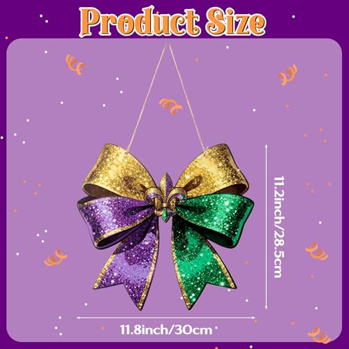 Qimgic Mardi Gras Door Sign - Bow Shape Wood Hanging Decorations for Wall Art, Glitter Flower Welcome Door Sign for Carnival Apartment Indoor Outdoor Porch Hang Ornament 11.8x11.2 Inch - Image 2