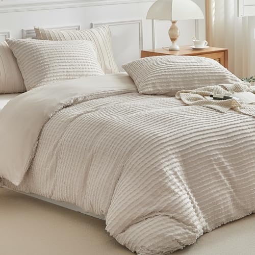 WARMDERN Boho Duvet Cover Set Queen Size,Khaki Striped Duvet Cover Microfiber Bedding Set,3PCS Ultra Soft Breathable Lightweight Tuft Texture Pattern Duvet Covers with Zipper Closure(Khaki,Queen) - Image 2