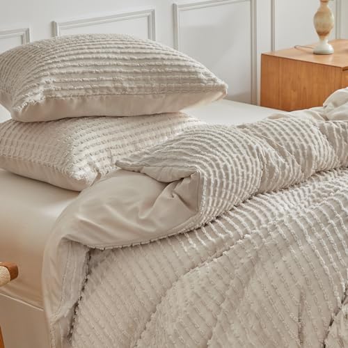 WARMDERN Boho Duvet Cover Set Queen Size,Khaki Striped Duvet Cover Microfiber Bedding Set,3PCS Ultra Soft Breathable Lightweight Tuft Texture Pattern Duvet Covers with Zipper Closure(Khaki,Queen) - Image 5