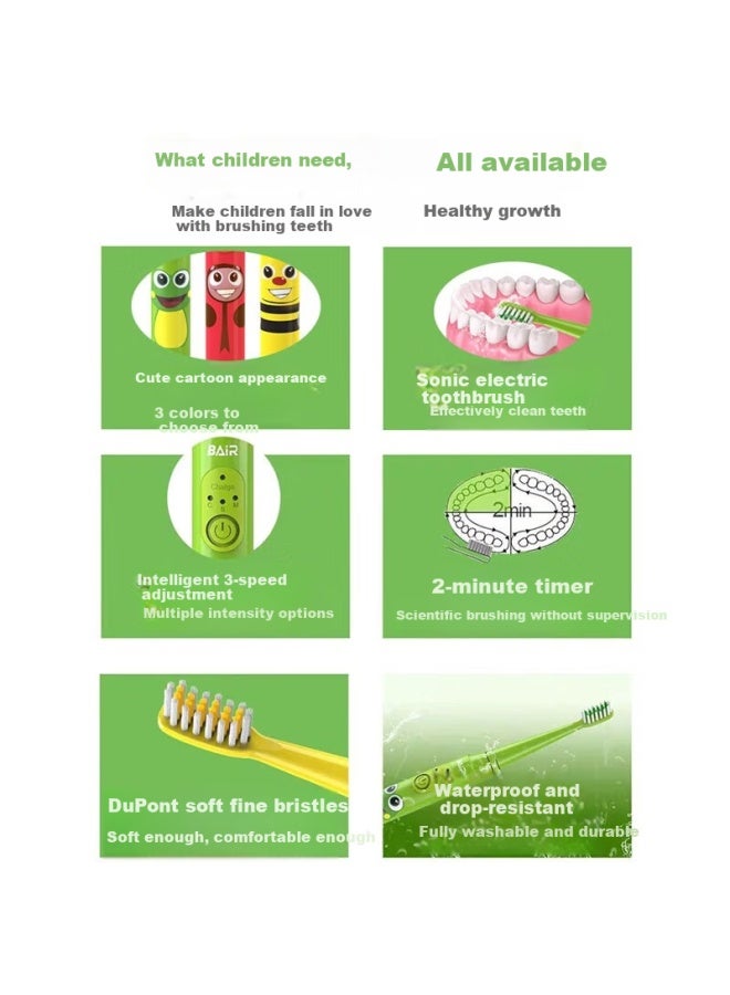 B-Air Bai'er K3 Children's Electric Toothbrush Rechargeable 3-6-10-12 Years Old Non-u-shaped Kids Baby Primary School Students Soft Bristles Fully Automatic Sonic Wave With Apple Green Color - Image 2