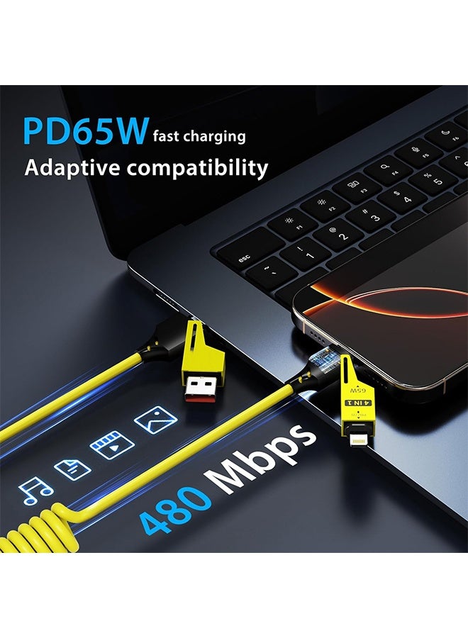 كوانتوم كابل شحن مرن 4 في 1 بقطعتين - كابل شحن سريع بقوة 65 واط متعدد USB - منفذ USB A وC قابل للتحويل ثنائي مع رؤوس Lightning وType C - كابل شحن محمول مضاد للتشابك لجهاز الهاتف المحمول لـ iPhone وAndroid (أصفر + أخضر) - Image 5