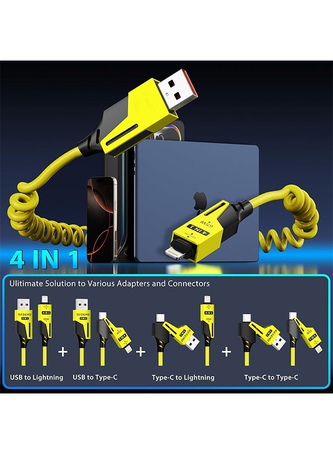 كوانتوم كابل شحن مرن 4 في 1 بقطعتين - كابل شحن سريع بقوة 65 واط متعدد USB - منفذ USB A وC قابل للتحويل ثنائي مع رؤوس Lightning وType C - كابل شحن محمول مضاد للتشابك لجهاز الهاتف المحمول لـ iPhone وAndroid (أصفر + أخضر) - Image 3