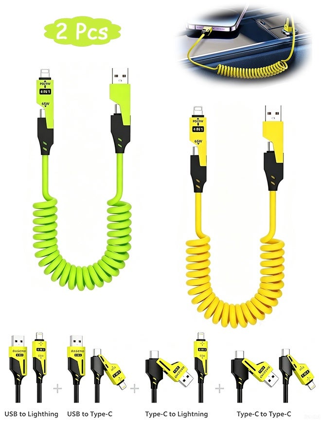 كوانتوم كابل شحن مرن 4 في 1 بقطعتين - كابل شحن سريع بقوة 65 واط متعدد USB - منفذ USB A وC قابل للتحويل ثنائي مع رؤوس Lightning وType C - كابل شحن محمول مضاد للتشابك لجهاز الهاتف المحمول لـ iPhone وAndroid (أصفر + أخضر) - Image 1