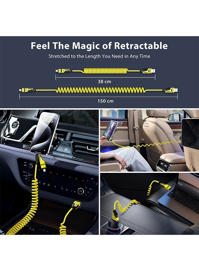 كوانتوم كابل شحن مرن 4 في 1 بقطعتين - كابل شحن سريع بقوة 65 واط متعدد USB - منفذ USB A وC قابل للتحويل ثنائي مع رؤوس Lightning وType C - كابل شحن محمول مضاد للتشابك لجهاز الهاتف المحمول لـ iPhone وAndroid (أصفر + أخضر) - Image 2