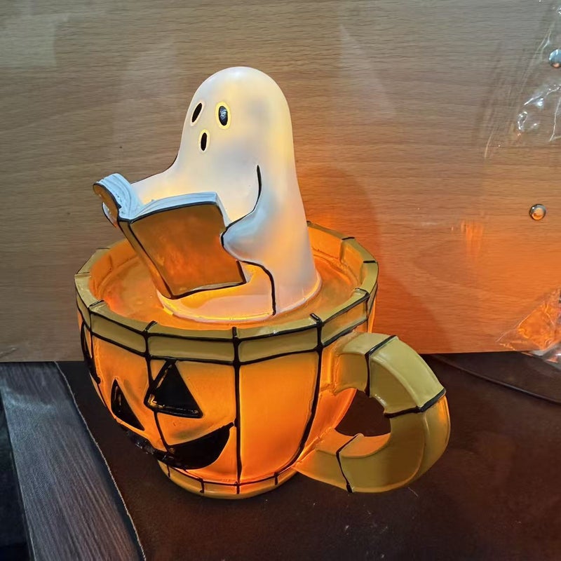Halloween Resin Cartoon Figurines with Ghost Reading Light, Witch and Character Designs