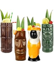 LINALL Tiki Mugs Cocktail Set of 4 - Tumblers Ceramic Hawaiian Luau Party Mugs Drinkware, Cute Exotic Cocktail Glasses, - Image 1